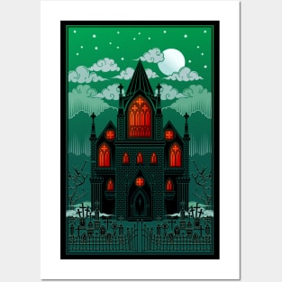 Gothic Cathedral with graveyard Red and Green Posters and Art